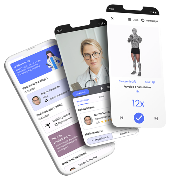 screeny ekranow aplikacji, cwiczenia, wizyta, strona glowna